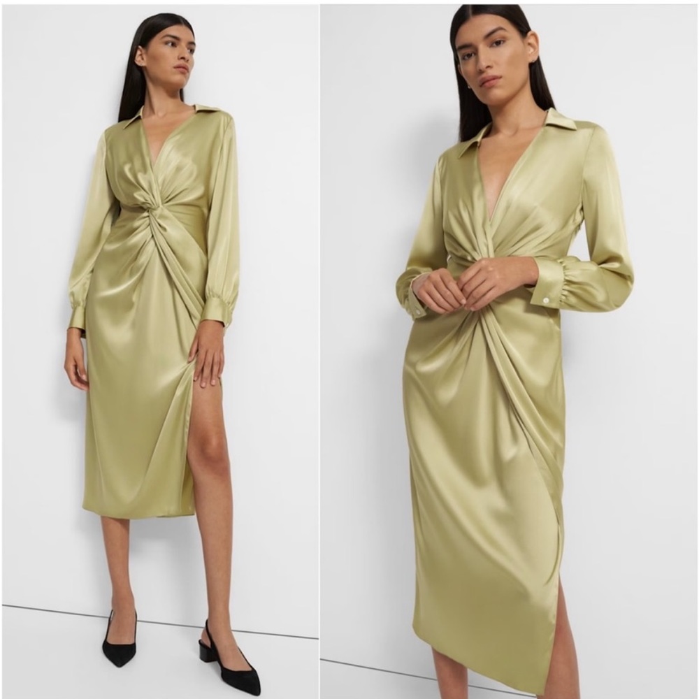 Theory Green Women's Satin Twist Midi Dress Size 4